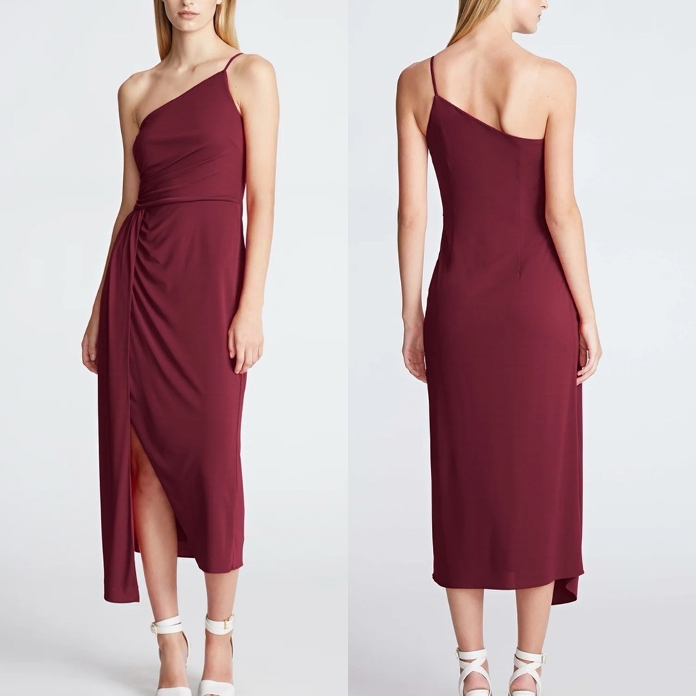 Halston Camille One Shoulder Dress in Bordeaux Red Matte Jersey Sz 14 NWT